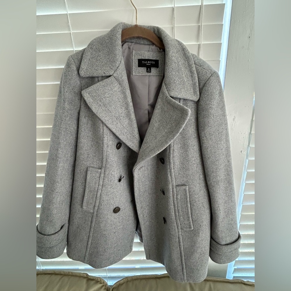 Talbots Petites Wool Blend Pea Coat Light Grey